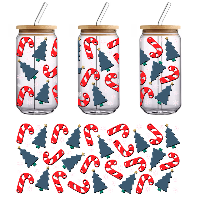 A festive pattern featuring cheerful red candy canes, green Christmas trees, and white snowflakes against a dark background.UV Transfers heat press transfers