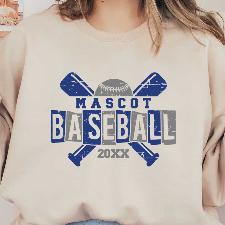 A fun and sporty logo featuring crossed baseball bats, a baseball, and the words "Mascot Baseball" with a placeholder for the year.DTF Transfers dtf prints