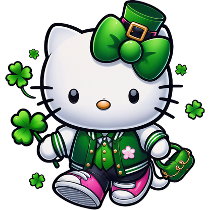 Hello Kitty is dressed in a festive green outfit with a bow, perfect for celebrating St. Patrick's Day, surrounded by clovers.DTF Transfers dtf transfers