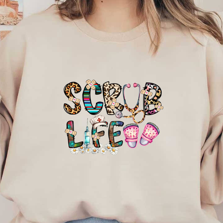 Colorful and playful "Scrub Life" design featuring medical themes, including a stethoscope, syringe, and fun printed clogs.DTF Transfers