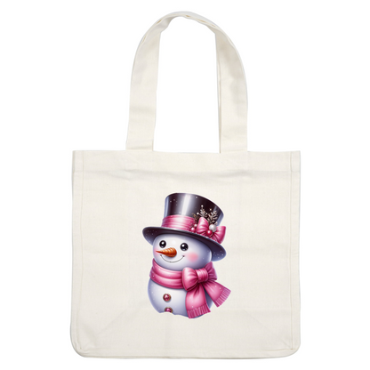 A cheerful snowman adorned with a pink scarf and a decorative top hat, featuring festive accents for a joyful winter vibe. dtf transfers