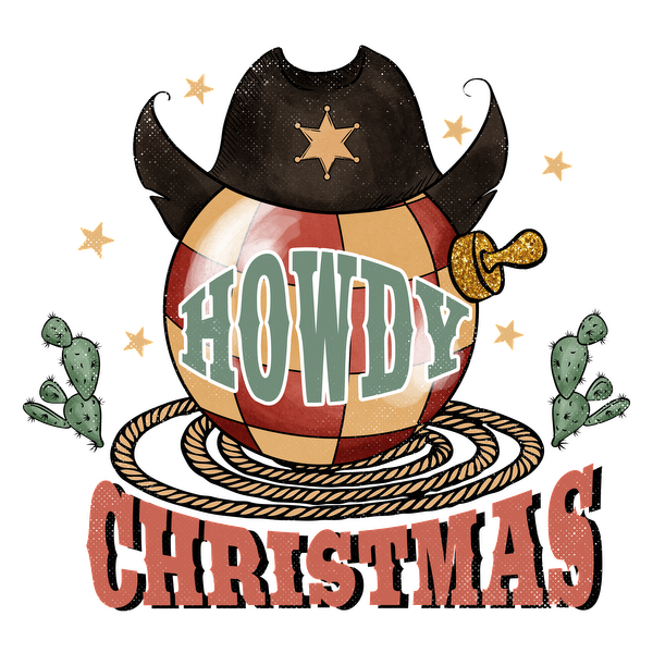 Un gráfico festivo con un sombrero de vaquero, estrellas y cactus que celebra el tema único "Howdy Christmas".