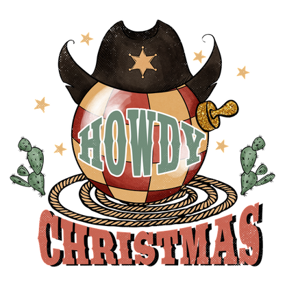 Un gráfico festivo con un sombrero de vaquero, estrellas y cactus que celebra el tema único "Howdy Christmas".