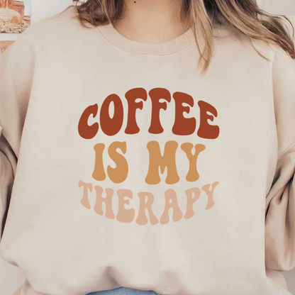 Un diseño divertido que presenta la frase "El café es mi terapia" en letras coloridas de estilo retro.