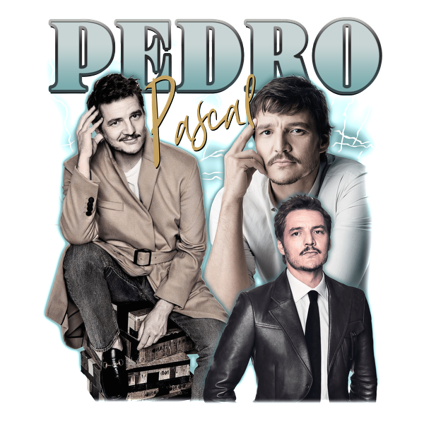 A vibrant collage featuring Pedro Pascal in various stylish outfits, showcasing his charisma and versatility as an actor.DTF Transfers heat press transfers