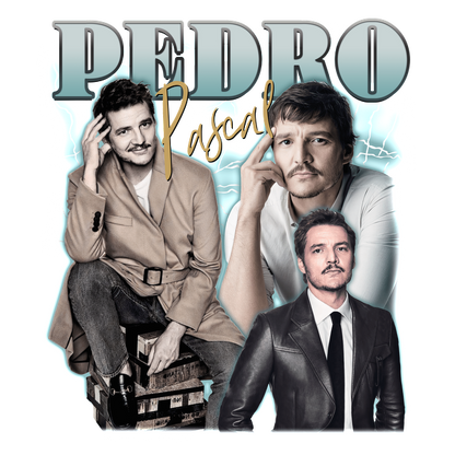 A vibrant collage featuring Pedro Pascal in various stylish outfits, showcasing his charisma and versatility as an actor.DTF Transfers heat press transfers