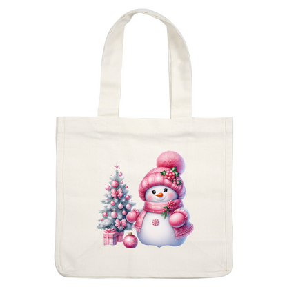 A cheerful snowman in a pink hat and scarf stands next to a decorated Christmas tree, surrounded by gifts and ornaments. heat press transfers