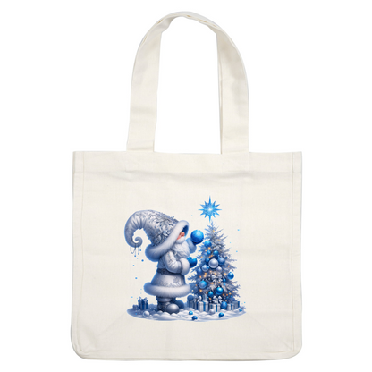 A whimsical figure in a snowy outfit decorates a blue and silver Christmas tree surrounded by presents in a festive scene.DTF Transfers dtf prints