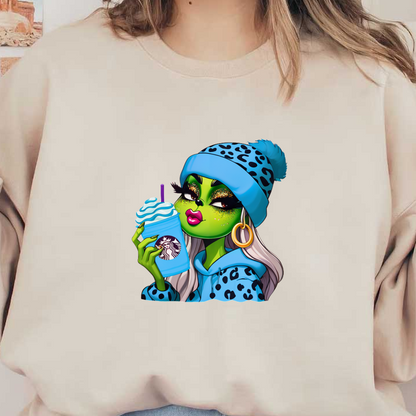 A stylish green character enjoys a Starbucks drink, wearing a blue leopard print hoodie and matching beanie.DTF Transfersdtf regular iron