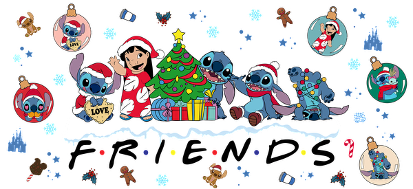 Join Stitch and friends in a joyful holiday celebration with a vibrant Christmas tree, gifts, and festive decorations!UV Transfers dtf prints