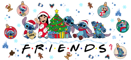 Join Stitch and friends in a joyful holiday celebration with a vibrant Christmas tree, gifts, and festive decorations!UV Transfers dtf prints