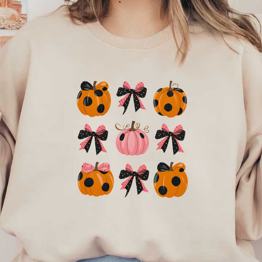 Una colección festiva de calabazas y lazos de lunares en vibrantes tonos naranja, rosa y negro, perfectos para la decoración de otoño.