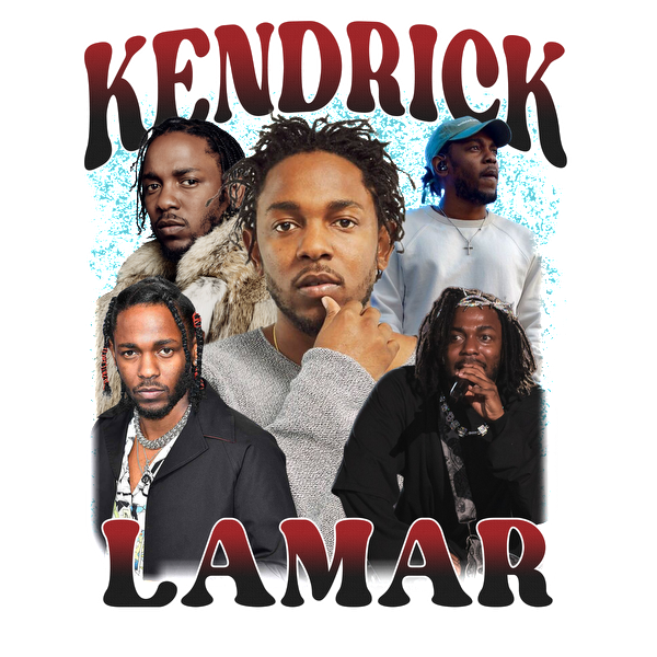 A vibrant collage featuring multiple images of Kendrick Lamar, showcasing his diverse styles and iconic presence.DTF Transfers dtf prints