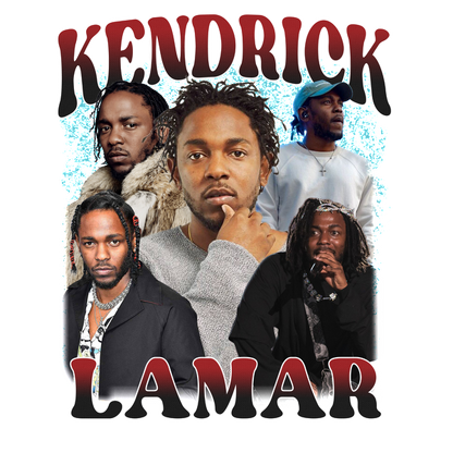A vibrant collage featuring multiple images of Kendrick Lamar, showcasing his diverse styles and iconic presence.DTF Transfers dtf prints