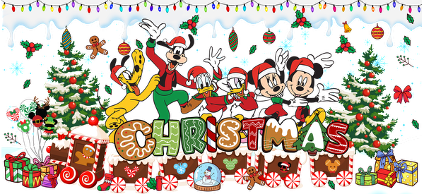 Celebrate the joy of Christmas with beloved characters Mickey, Donald, and friends, surrounded by festive trees and colorful gifts!UV Transfers dtf prints