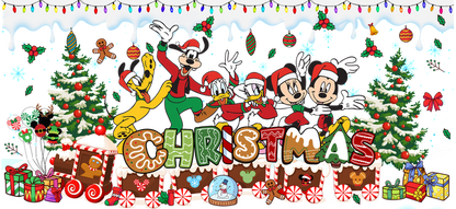 Celebrate the joy of Christmas with beloved characters Mickey, Donald, and friends, surrounded by festive trees and colorful gifts!UV Transfers dtf prints