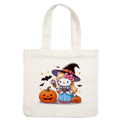 Hello Kitty dressed as a witch in a blue gown, holding a wand, surrounded by carved pumpkins and bats.DTF Transfers heat press transfers