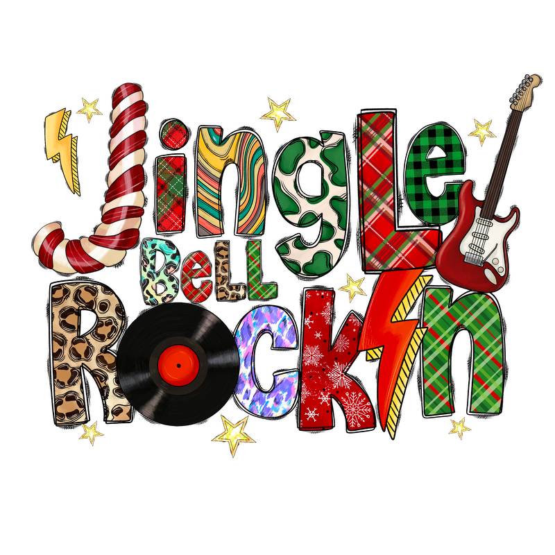 A vibrant and festive graphic featuring the playful phrase "Jingle Bell Rock-n," decorated with colorful patterns and music elements.DTF Transfersdtf regular irondtf regular iron