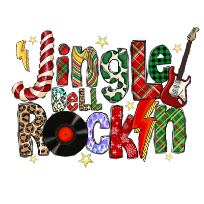 A vibrant and festive graphic featuring the playful phrase "Jingle Bell Rock-n," decorated with colorful patterns and music elements.DTF Transfersdtf regular irondtf regular iron