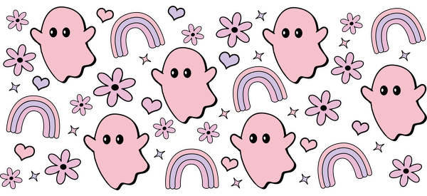 A whimsical pattern featuring cute pink ghosts, colorful rainbows, hearts, and flowers against a black background.UV Transfersdtf regular iron