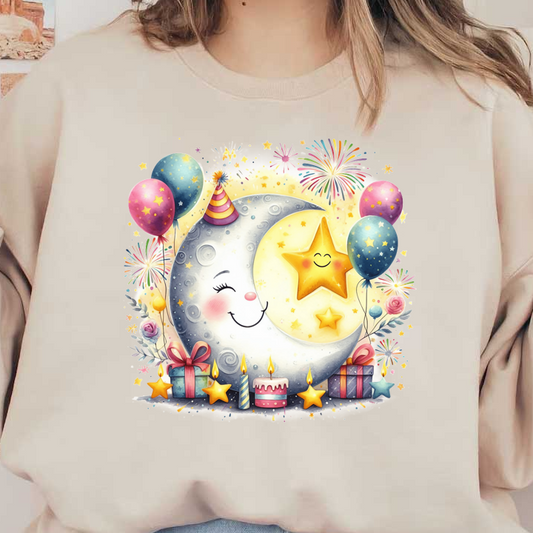 A whimsical illustration featuring a joyful crescent moon and a smiling star, surrounded by balloons, gifts, and festive decorations.DTF Transfers