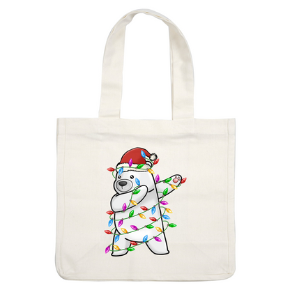 A cheerful cartoon polar bear in a Santa hat is playfully wrapped in colorful Christmas lights. heat press transfers