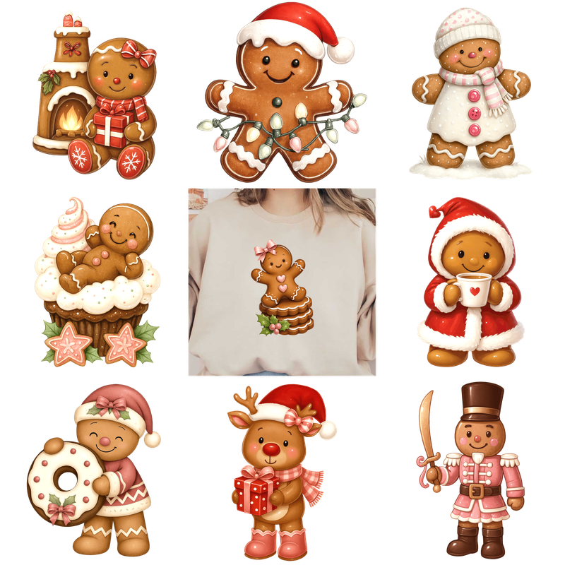 Festive gingerbread characters in various holiday outfits and playful decorations.DTF Transfers