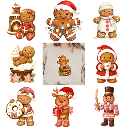Festive gingerbread characters in various holiday outfits and playful decorations.DTF Transfers