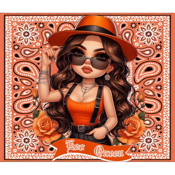 Un elegante personaje de dibujos animados hace alarde de un vibrante atuendo naranja, complementado con gafas de sol y un sombrero de ala ancha, rodeado de patrones florales.