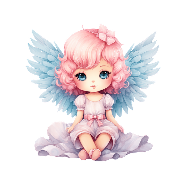 Un encantador personaje angelical de color pastel con cabello rosado esponjoso y delicadas alas azules, sentado con un vestido suelto.