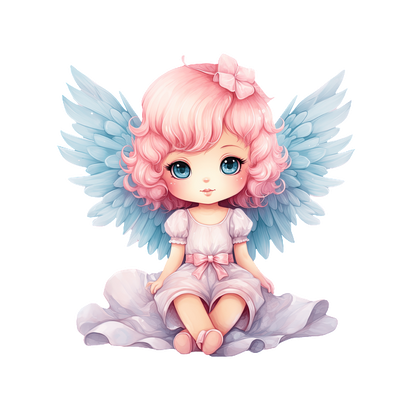 Un encantador personaje angelical de color pastel con cabello rosado esponjoso y delicadas alas azules, sentado con un vestido suelto.