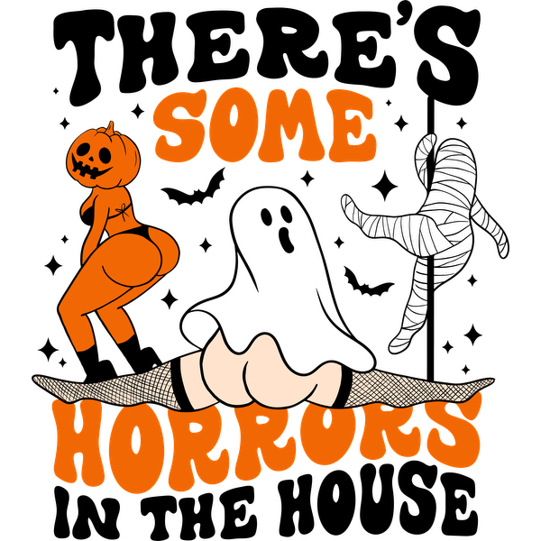 A playful Halloween-themed graphic featuring a ghost, a pumpkin, and a mummy, accompanied by the text "Some Horrors." dtf prints