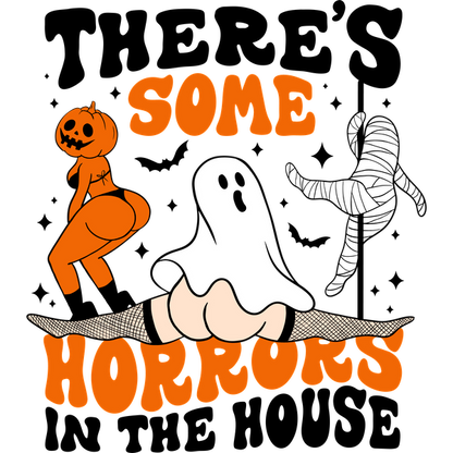 A playful Halloween-themed graphic featuring a ghost, a pumpkin, and a mummy, accompanied by the text "Some Horrors." dtf prints