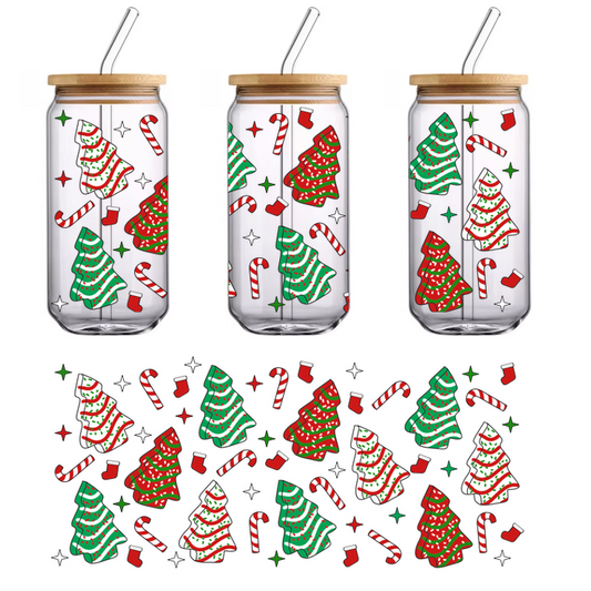 A festive pattern featuring colorful Christmas trees, candy canes, and stockings in vibrant red, green, and white.UV Transfersdtf regular iron