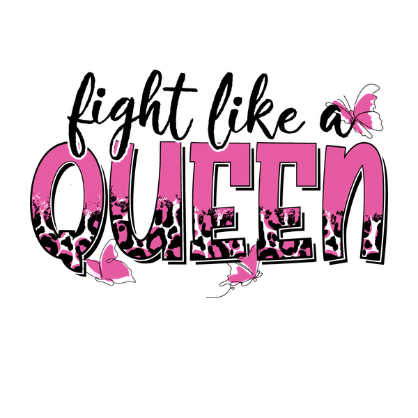 A vibrant graphic design featuring the word "QUEEN" in pink with leopard print accents and decorative butterflies. dtf transfers