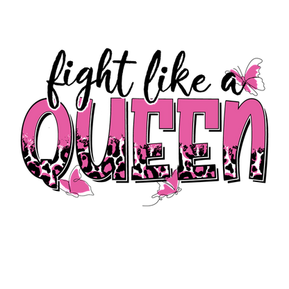 A vibrant graphic design featuring the word "QUEEN" in pink with leopard print accents and decorative butterflies. dtf transfers