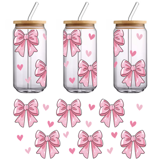 A charming collection of pink bows adorned with delicate patterns, surrounded by whimsical hearts, perfect for cute decorations.UV Transfers heat press transfers