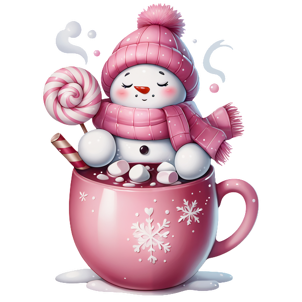 A charming snowman in a pink scarf and hat happily floats in a pink mug filled with hot cocoa and marshmallows. heat press transfers