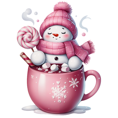 A charming snowman in a pink scarf and hat happily floats in a pink mug filled with hot cocoa and marshmallows. heat press transfers