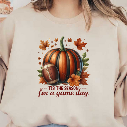 Celebre la temporada de otoño con un gráfico vibrante de calabaza y fútbol que incluye hojas otoñales y la frase "Esta es la temporada para un día de juego".