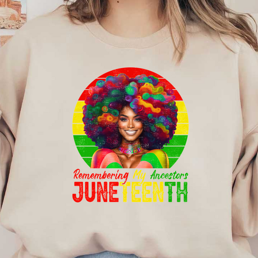 A vibrant, colorful illustration celebrating Juneteenth, featuring a woman with a bold, curly hairstyle and a proud expression.dtf regular iron