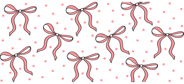 A charming pattern featuring pink bows and polka dots on a black background, perfect for a playful design.UV Transfers dtf prints