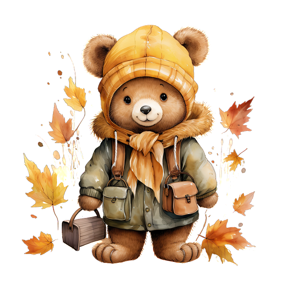 A cute teddy bear dressed in a yellow beanie and warm jacket, surrounded by autumn leaves, holding little bags.dtf regular iron