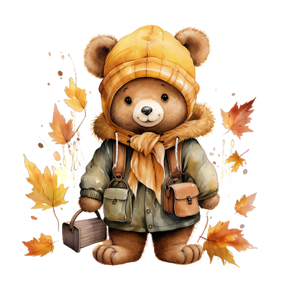 A cute teddy bear dressed in a yellow beanie and warm jacket, surrounded by autumn leaves, holding little bags.dtf regular iron