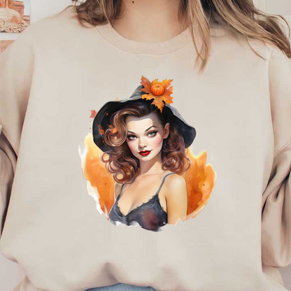 A charming young woman with flowing curls wears a stylish black witch hat adorned with autumn leaves and a pumpkin. dtf prints