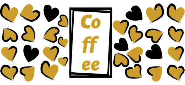 A charming golden graphic featuring the word "Coffee" surrounded by playful heart shapes, perfect for coffee lovers.UV Transfersdtf regular iron