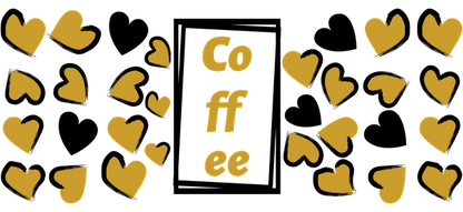 A charming golden graphic featuring the word "Coffee" surrounded by playful heart shapes, perfect for coffee lovers.UV Transfersdtf regular iron