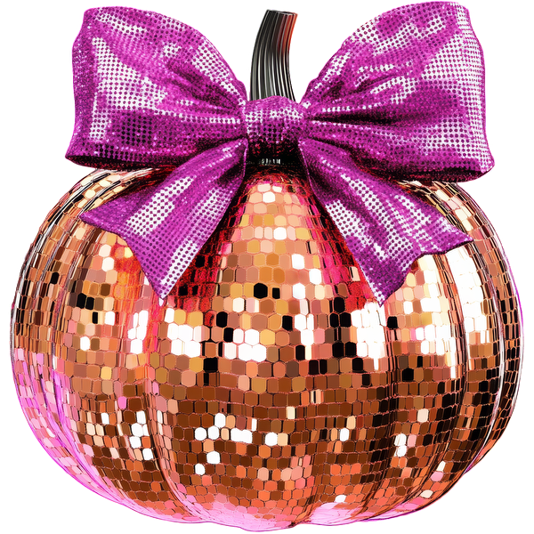 A glamorous, sequined pumpkin in rose gold, adorned with a vibrant pink bow, perfect for festive decor.dtf regular iron