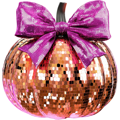 A glamorous, sequined pumpkin in rose gold, adorned with a vibrant pink bow, perfect for festive decor.dtf regular iron