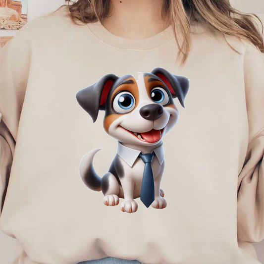 Este adorable cachorro de dibujos animados con traje luce una corbata y muestra una personalidad juguetona y alegre.